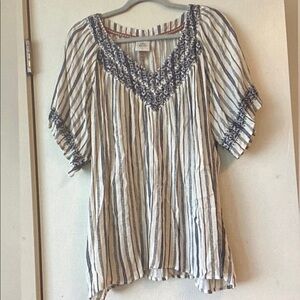 Boho Striped Embroidered Women's Top - Navy & White